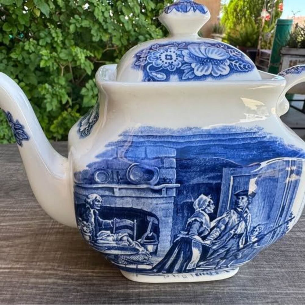Staffordshire Liberty Blue Teapot Minutemen Scene Historic Colonial Scenes Mint